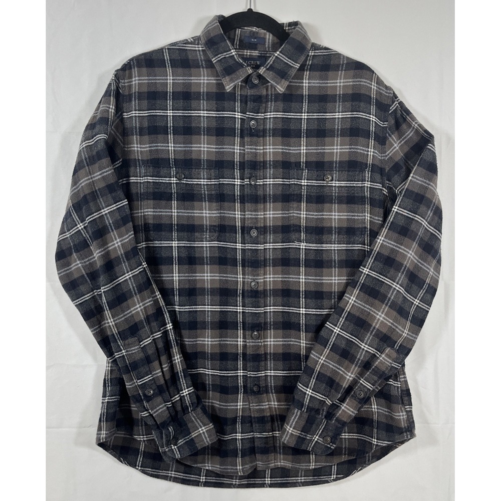 J. Crew Men Flannel Plaid Shirt 100% Cotton Button Down Gray Brown Slim Fit Sz L